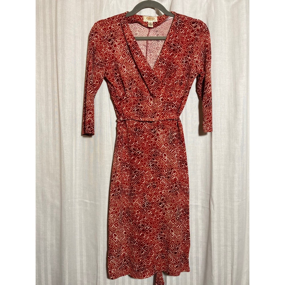 Talbots Petites Red Geometric Diamond Print Wrap Dress 100% Rayon 6P Office Fall